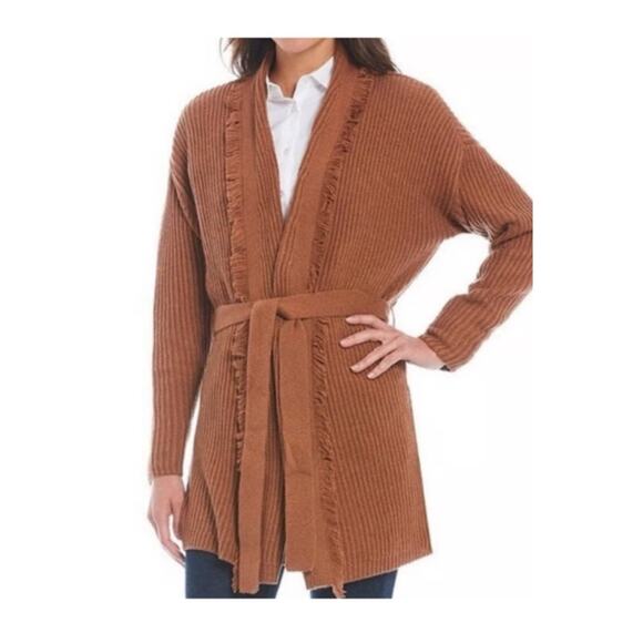 ANTONIO MELANI Sweaters - Antonio Melani Masiee Fringe Longline Belted Cardigan S Tan